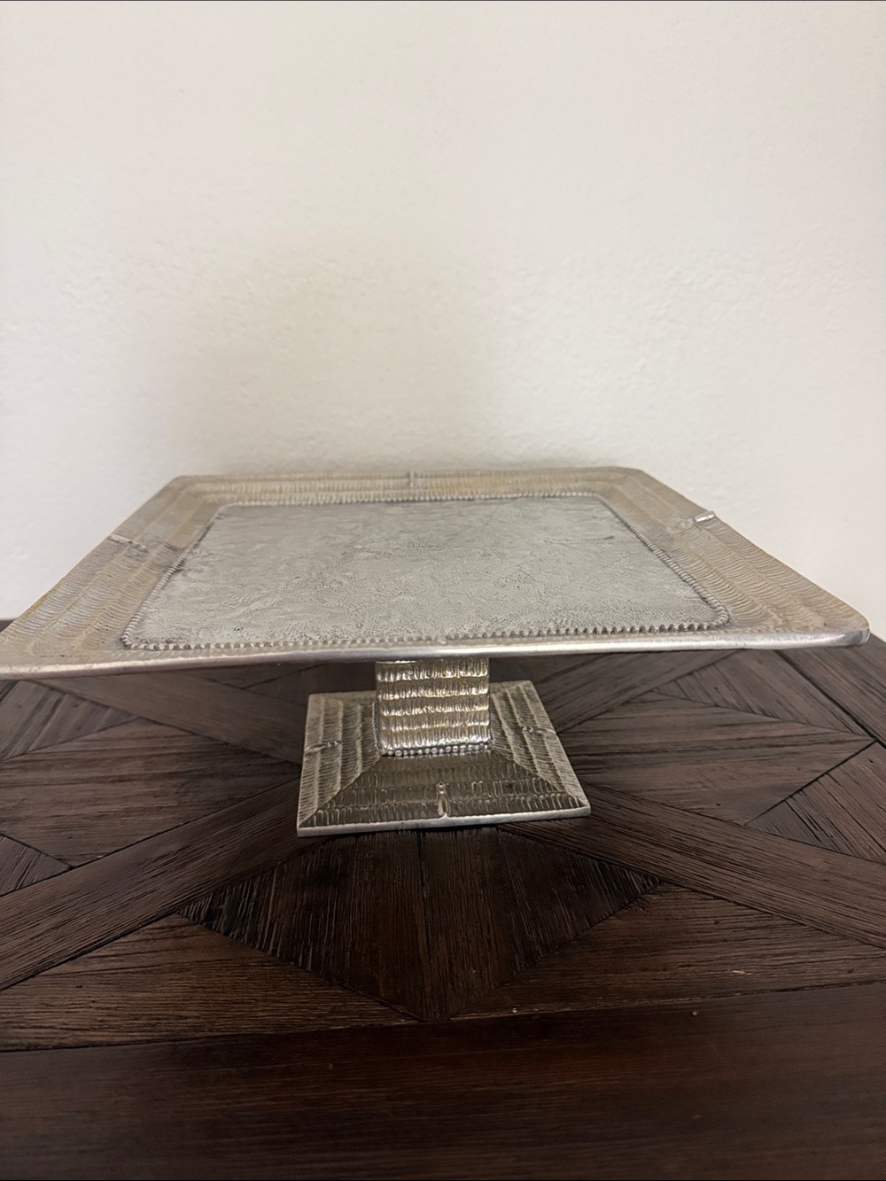 Mariposa Square Cake Stand Beaded Pedestal 10.75” Recycled Aluminum Serveware